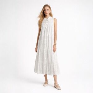 Kate Spade White Eyelet Midi Dress XL Cotton Tiered Tassel Cottagecore Boho